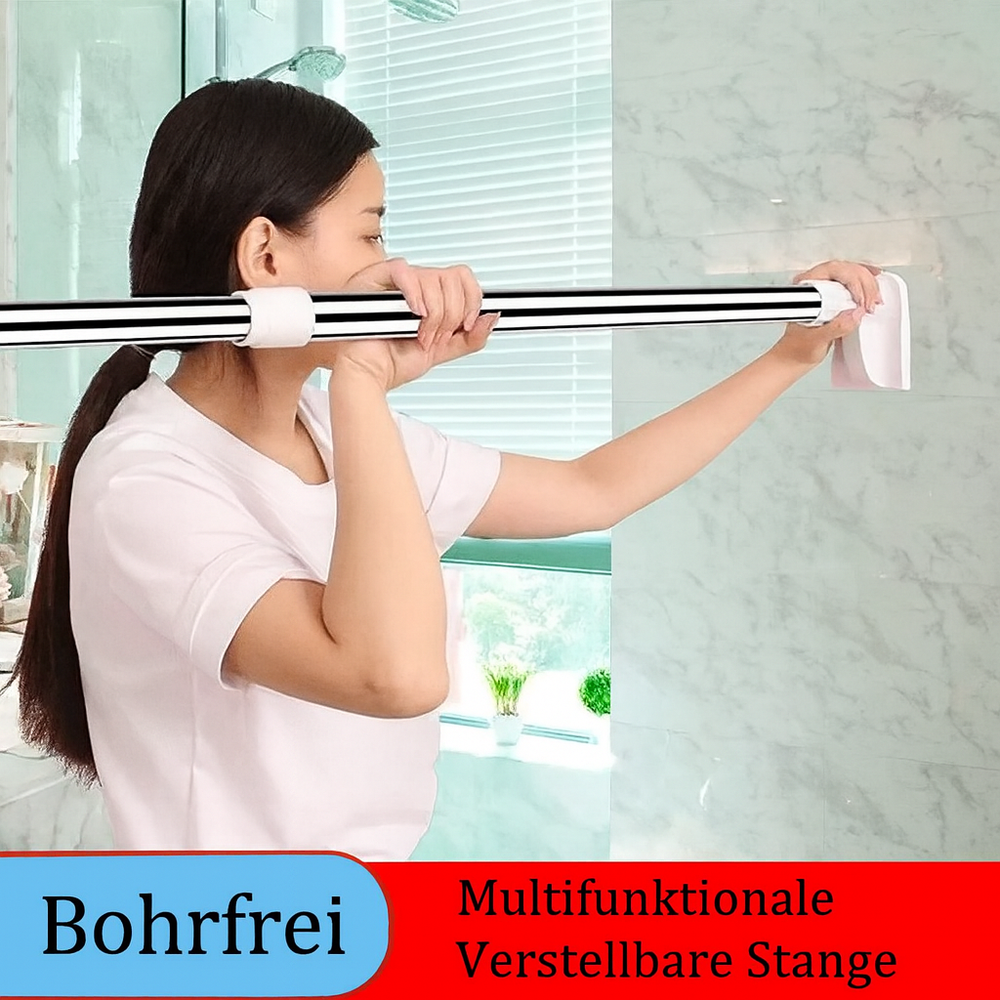 FlexiGrip Teleskopstange als Duschvorhangstange, bohrfrei und stabil, ideal für Badorganisation ohne Bohren.