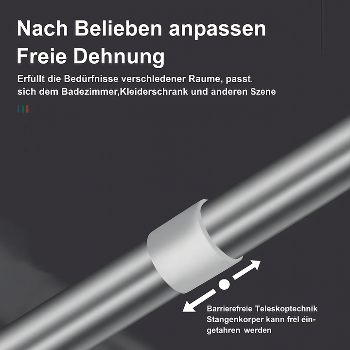 Vielseitige FlexiGrip Teleskopstange aus hochwertigem Edelstahl; verstellbar für Haushalt, Küche & Bad. Bohrfrei.