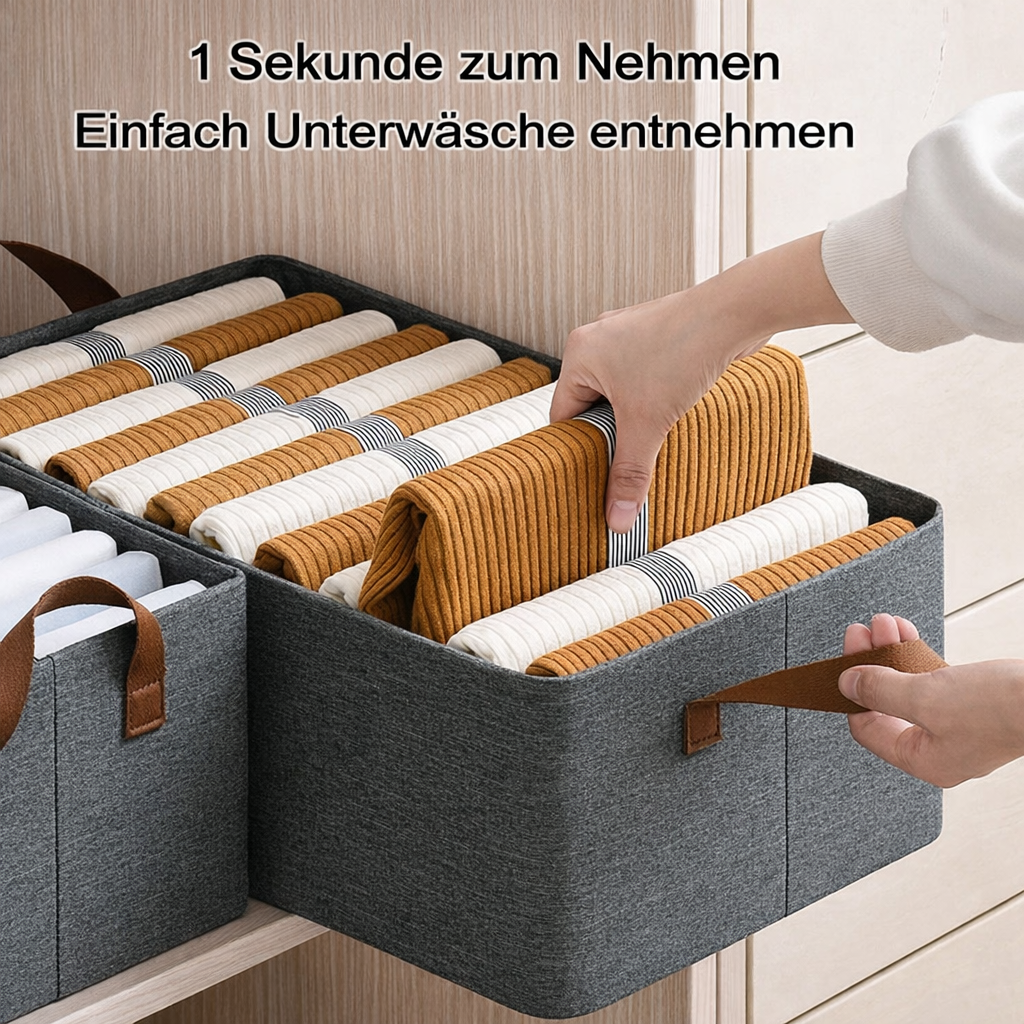 FlexiNest Textilaufbewahrung: Übersichtliche Organisation von T-Shirts, Pullovern und Hosen im Kleiderschrank.