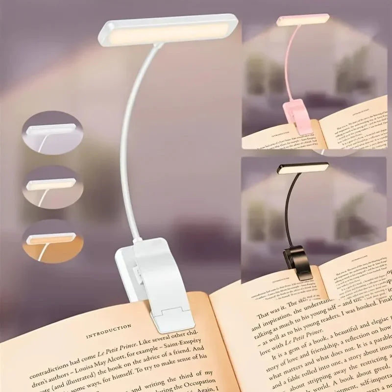 Tragbare dimmbare Buchlampe mit 3 Lichtfarben, Clip & USB-Ladefunktion für Nachttisch oder Arbeitsplatz.