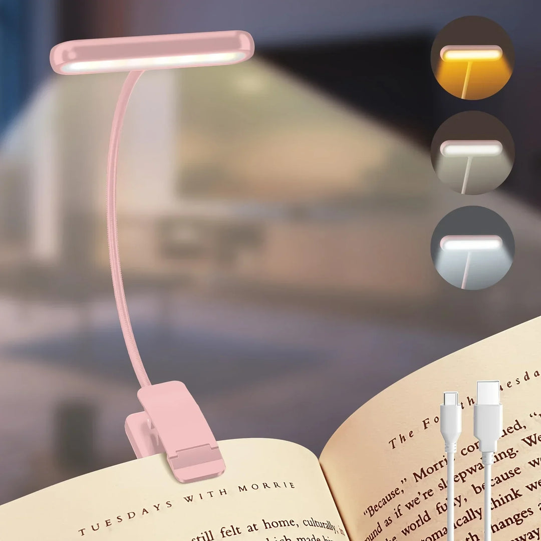 Moderne FlexiRead Leselampe mit Schwanenhals, augenfreundlicher LED-Beleuchtung & praktischem Clip am Buch.