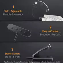 Wiederaufladbare LED Leselampe mit USB-Anschluss, flexibel dimmbar und 3 Lichtfarben für Lesekomfort.