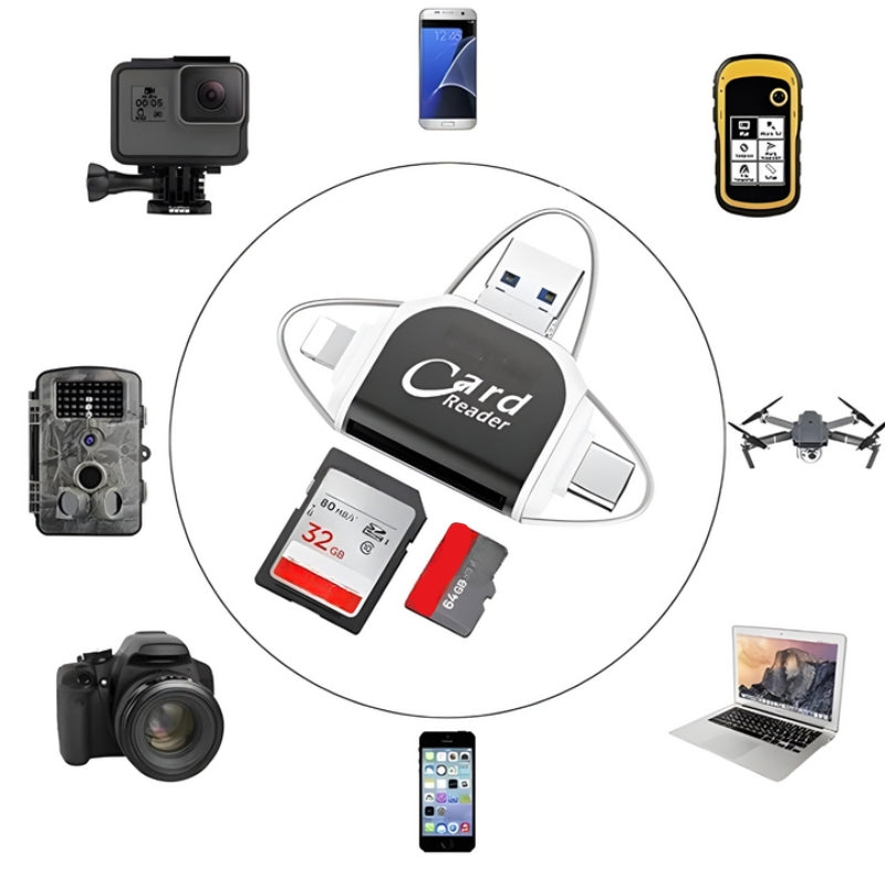 Kompakter FlexPort USB-C & Lightning Kartenleser in Schwarz, ideal für mobiles Speicher-Management.