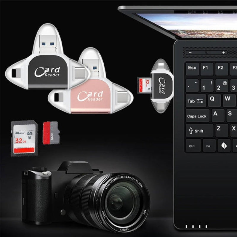 Vielseitiger FlexPort 4-in-1 Kartenleser für SD & TF Karten, mit Anschlüssen für alle gängigen Geräte.
