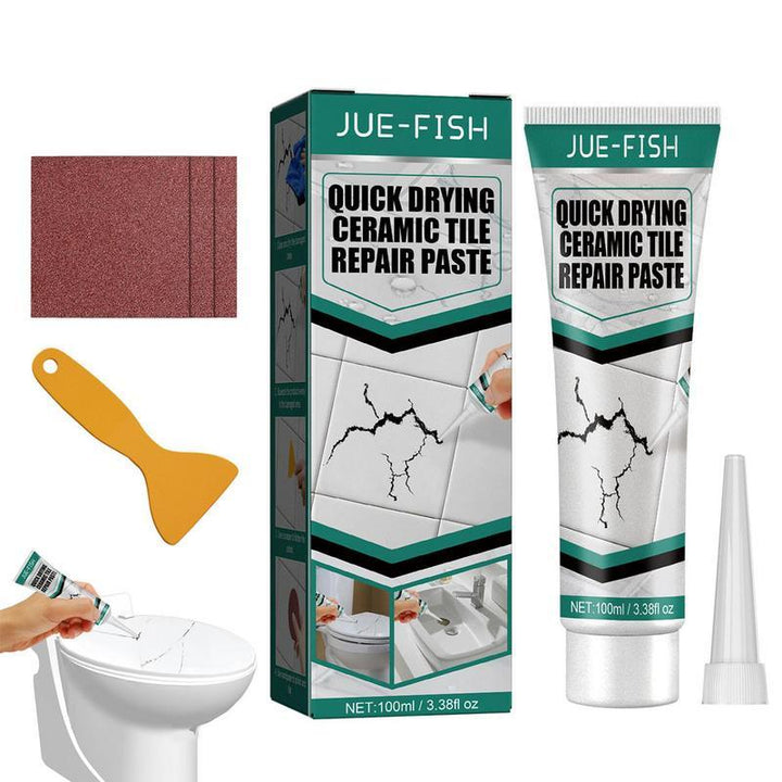 Detailaufnahme der weißen Fliesenreparaturpaste für Porzellan und Marmor, zum effizienten Füllen von Rissen & Fugen.