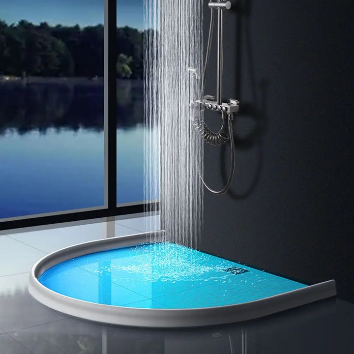 FlowLock wasserabweisende Silikonbarriere für Duschen; effektiver Bodenschutz, trockenes Bad, einfacher DIY-Einbau.