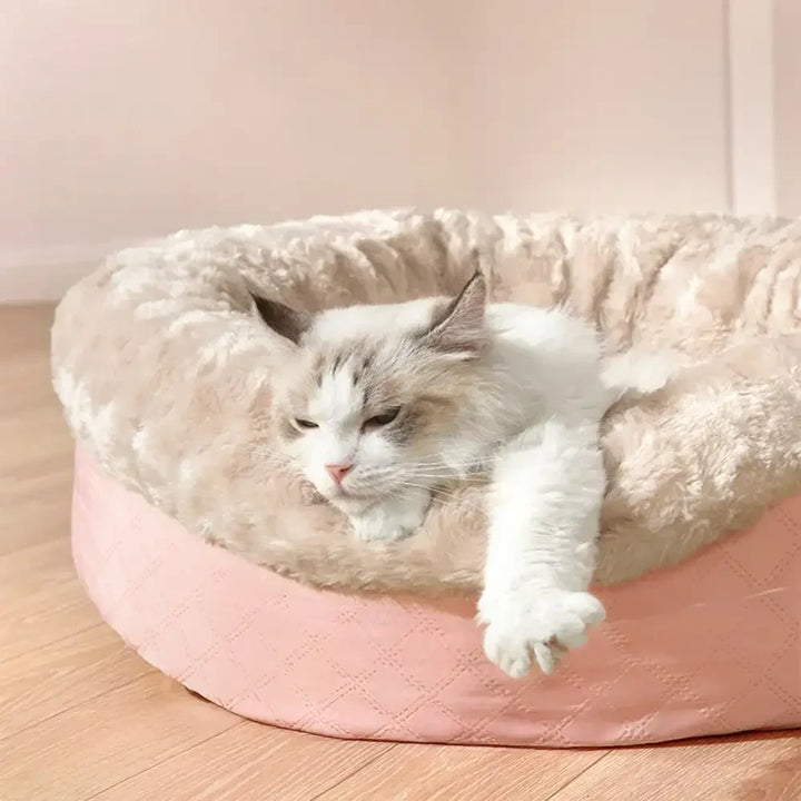 Hochwertiges Donut-Tierbett mit flauschigem Kunstpelz, ideal für kleine bis mittelgroße Hunde und Katzen.