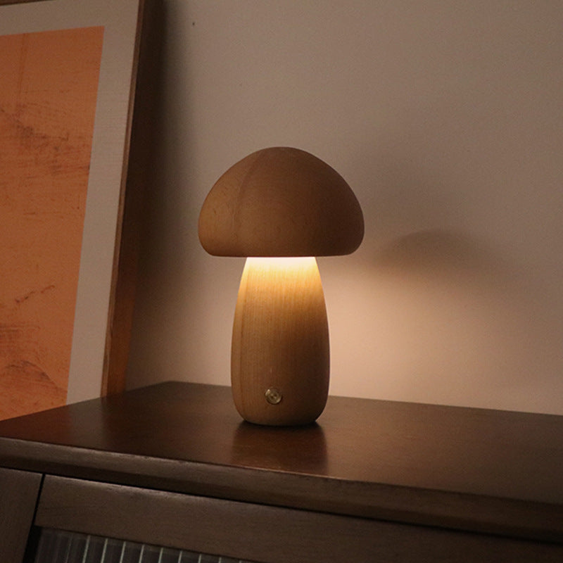 ForestGlow Holzlampe: Kabelloses dimmbares LED Nachtlicht im Pilz-Design für zauberhafte Schlafzimmer Deko.