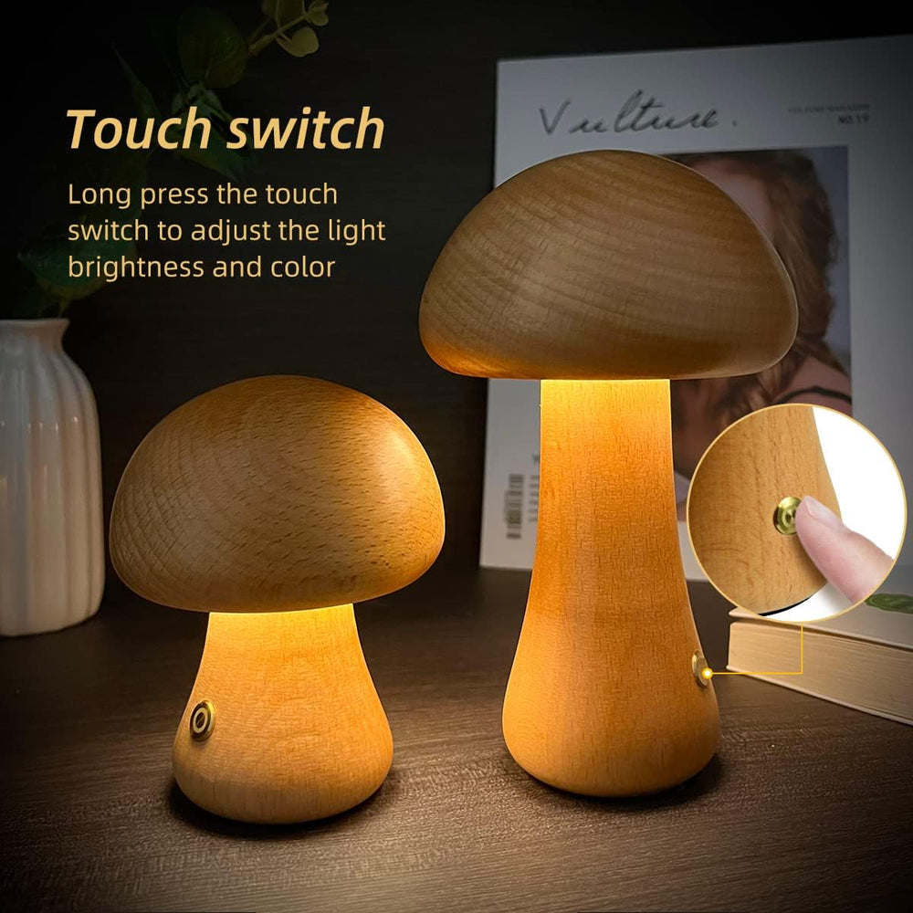 Nachhaltige ForestGlow Holzlampe im Pilz-Design, dimmbar, kabelloses LED Ambiente Licht für Deko.