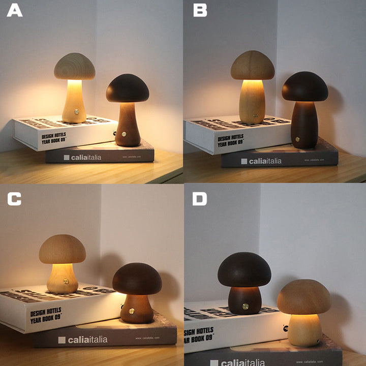 Stimmungsvolle Pilzlampe: Kabelloses ForestGlow Nachtlicht aus Holz, LED, dimmbar, ideal für Wohnzimmer Deko.