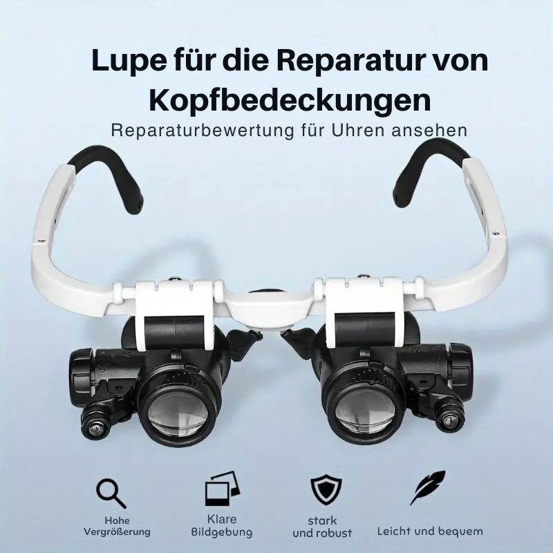 Lupenbrille mit integrierter LED-Beleuchtung für freihändiges Handwerk und Feinarbeit.