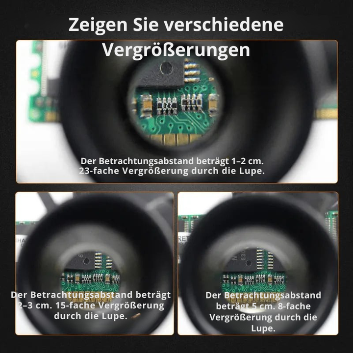 Vergrößerungsbrille mit 3-fach Vergrößerung (8x, 15x, 23x) und hellem LED-Licht.