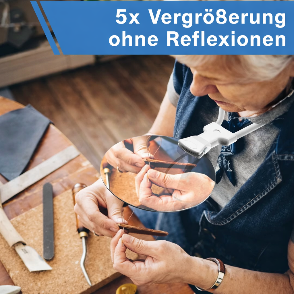 Vergrößerungsglas FocusFree, 5x Lupe mit flexiblem Schwanenhals; ideal für Hobbys, Basteln und präzise Detailarbeit.