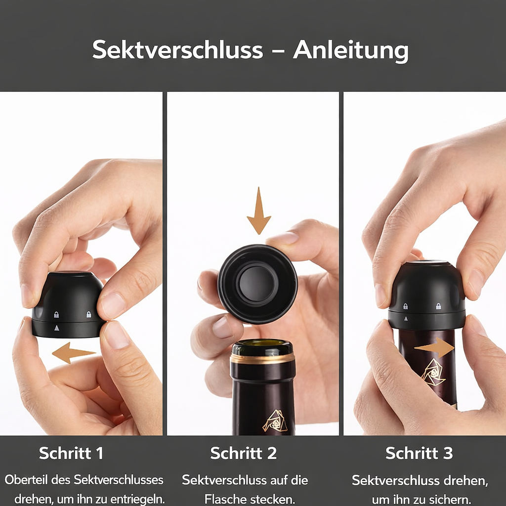 Luftdichter Flaschenverschluss FrischeStop Pro für Wein und Sekt – ein Muss für jede Bar.