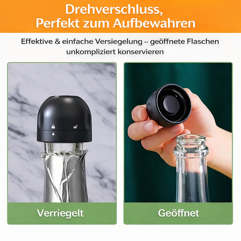 Eleganter FrischeStop Pro Wein- & Sektverschluss für stilvolles Frischhalten von Getränken.