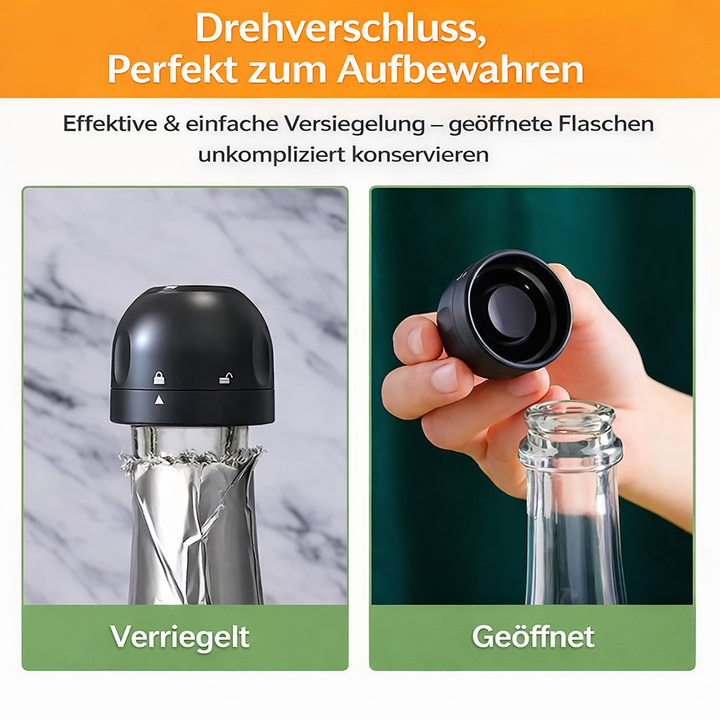 Eleganter FrischeStop Pro Wein- & Sektverschluss für stilvolles Frischhalten von Getränken.