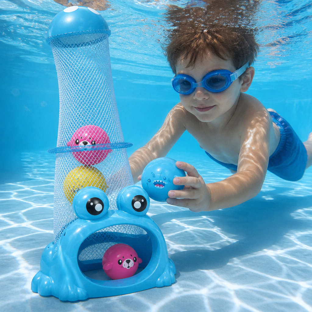 Frosch Tauchspiel für Kinder im Pool mit Fangnetz & bunten Bällen. Fördert Geschicklichkeit und Koordination beim Sommerspaß.