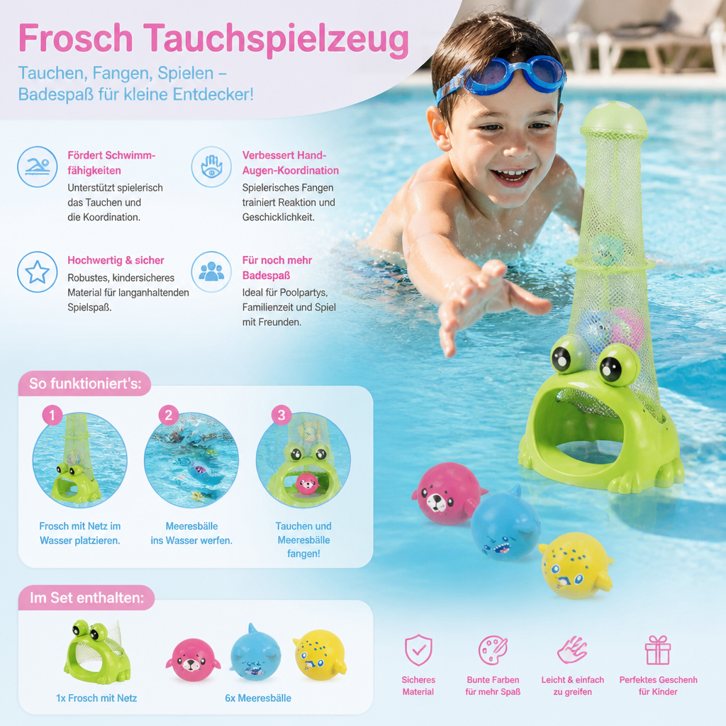 Kinder tauchen nach bunten Meeresbällen mit lustigem Frosch-Netz. Ideales Poolspiel für Geschicklichkeit & sommerlichen Wasserspaß.