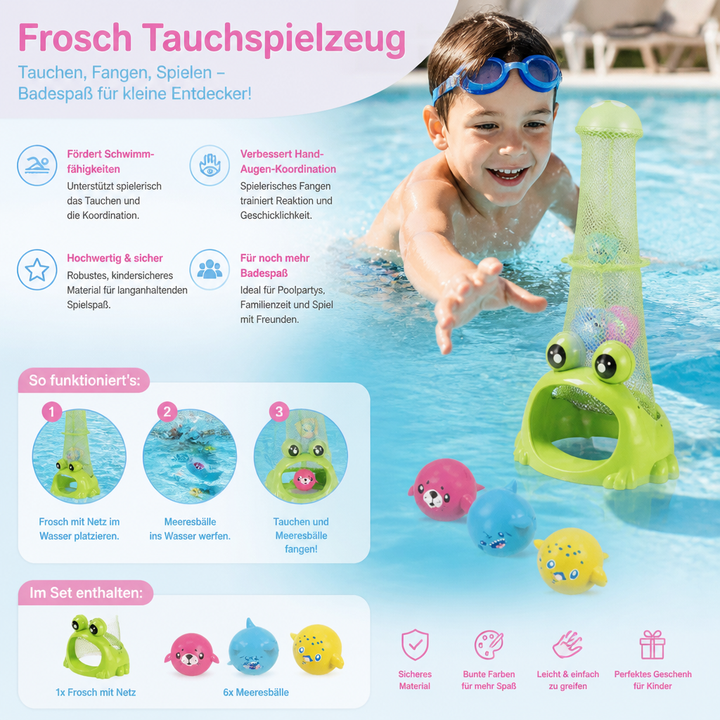 Kinder tauchen nach bunten Meeresbällen mit lustigem Frosch-Netz. Ideales Poolspiel für Geschicklichkeit & sommerlichen Wasserspaß.