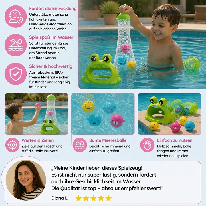 Lernspielzeug Frosch Tauchspiel: Pädagogisches Set mit Fangnetz & Bällen. Trainiert Koordination & Motorik im Wasser für Kinder.
