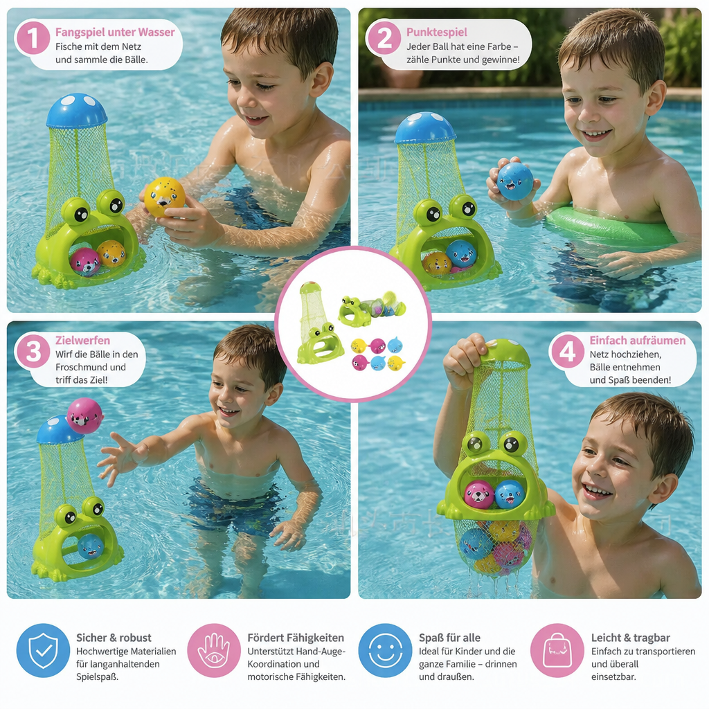 Komplettes Outdoor Frosch Tauchspielset für Kinder: Grünes Fangnetz und viele bunte Meeresbälle für aktiven Pool-Wasserspaß.