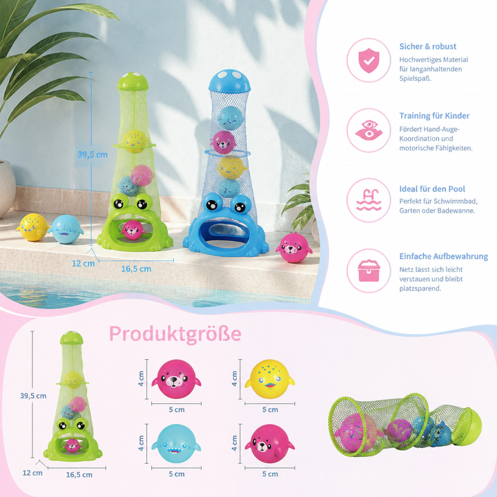 Kind fängt mit Frosch-Netz bunte Tauchbälle im Pool. Interaktives Wasserspielzeug zur Förderung von Geschicklichkeit und Koordination.