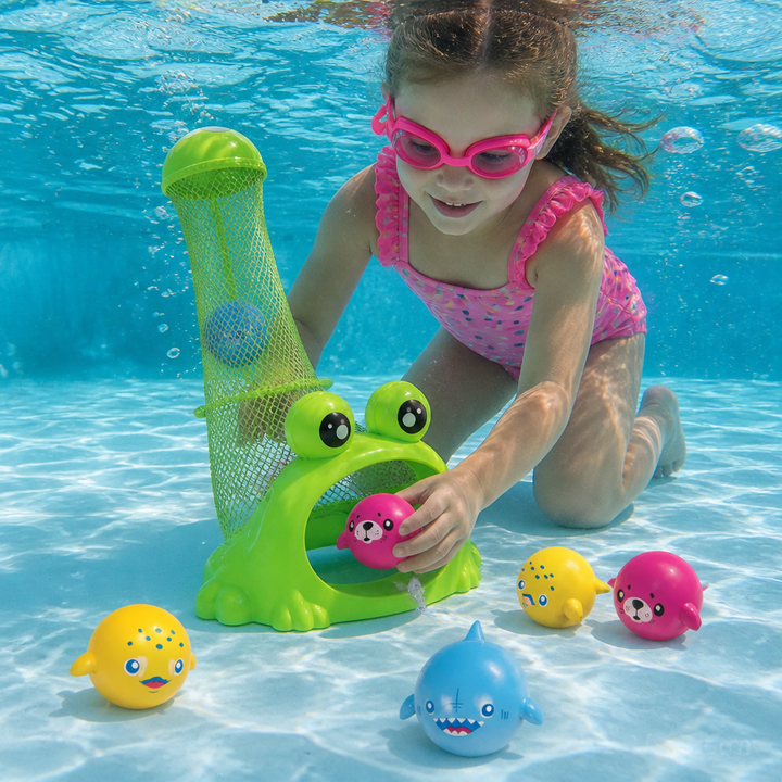 Frosch Tauchspielzeug für den Sommerpool. Robustes Fangnetz & schwimmende Bälle bieten stundenlangen Wasserspaß & Geschicklichkeitstraining.