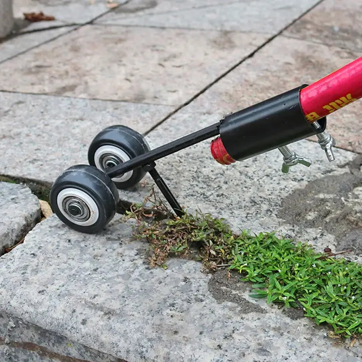 Gartenwerkzeug: Fugenhacker mit Doppelrad für effiziente Unkrautentfernung zwischen Pflastersteinen.