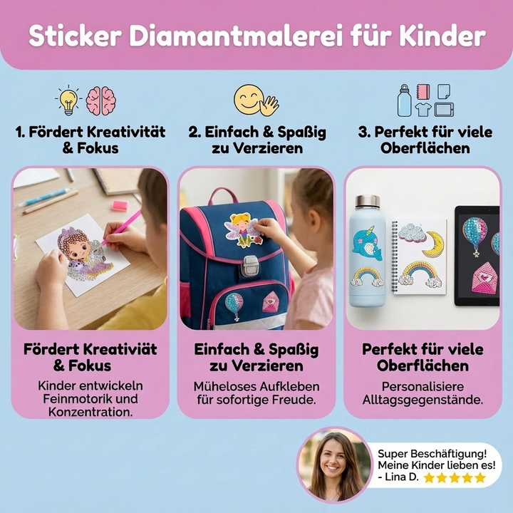Einhorn Diamantmalerei Sticker Set für Kinder. Kreatives Basteln mit Glitzerstickern.