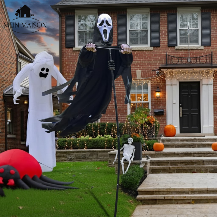 Große Grusel-Vogelscheuche (200 cm) als schockierende Halloween Horror Dekoration für den Garten.
