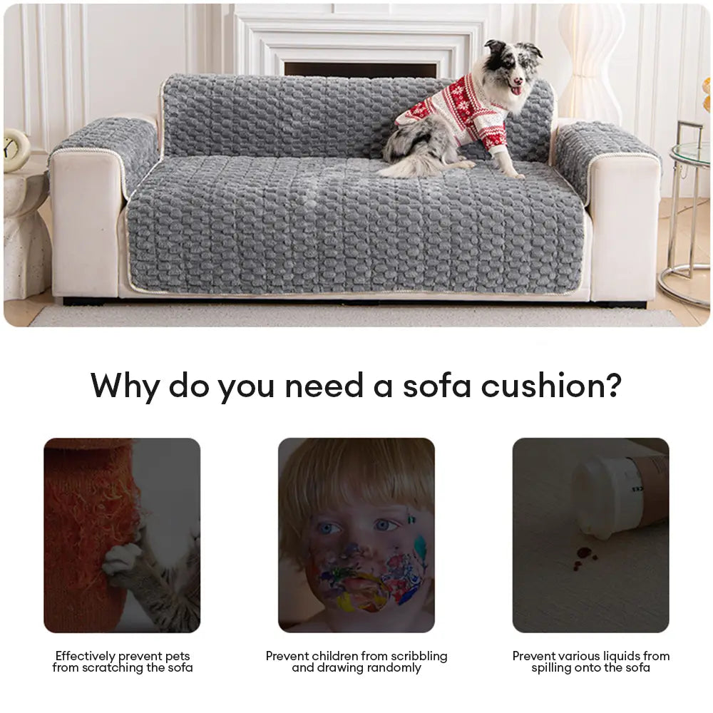 Haustierfreundlicher Plüsch Sofaschutz mit rutschfester Unterseite, leicht zu reinigen.