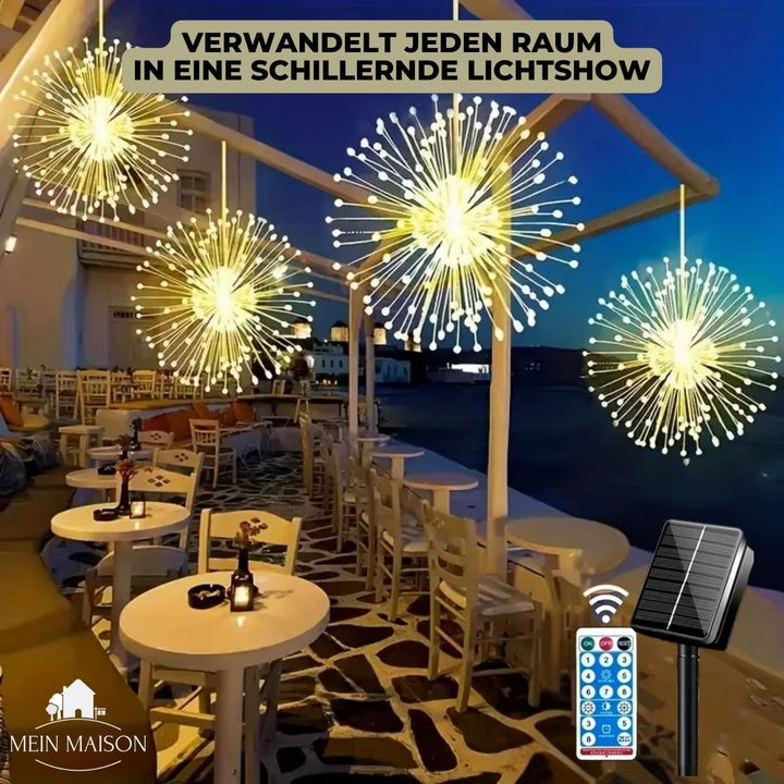 Stimmungsvolle Solar Lichterkette, dekoriert eine Terrasse am Abend. Perfekt für gemütliches Ambiente & Gartenparty.