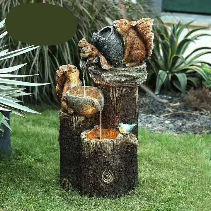 Attraktive Gartenfigur Ente & Eichhörnchen mit Solar-LED-Licht und kleinem Wasserspiel, langlebig.