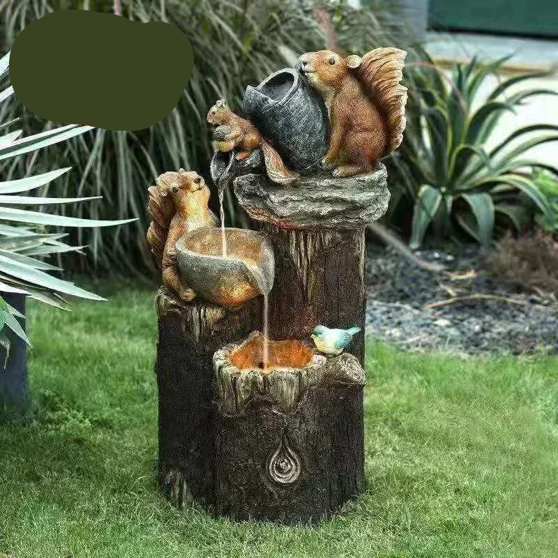 Gartenfigur Ente & Eichhörnchen aus Kunstharz als Solarbrunnen mit LED-Licht, perfekt für Ihre Deko.