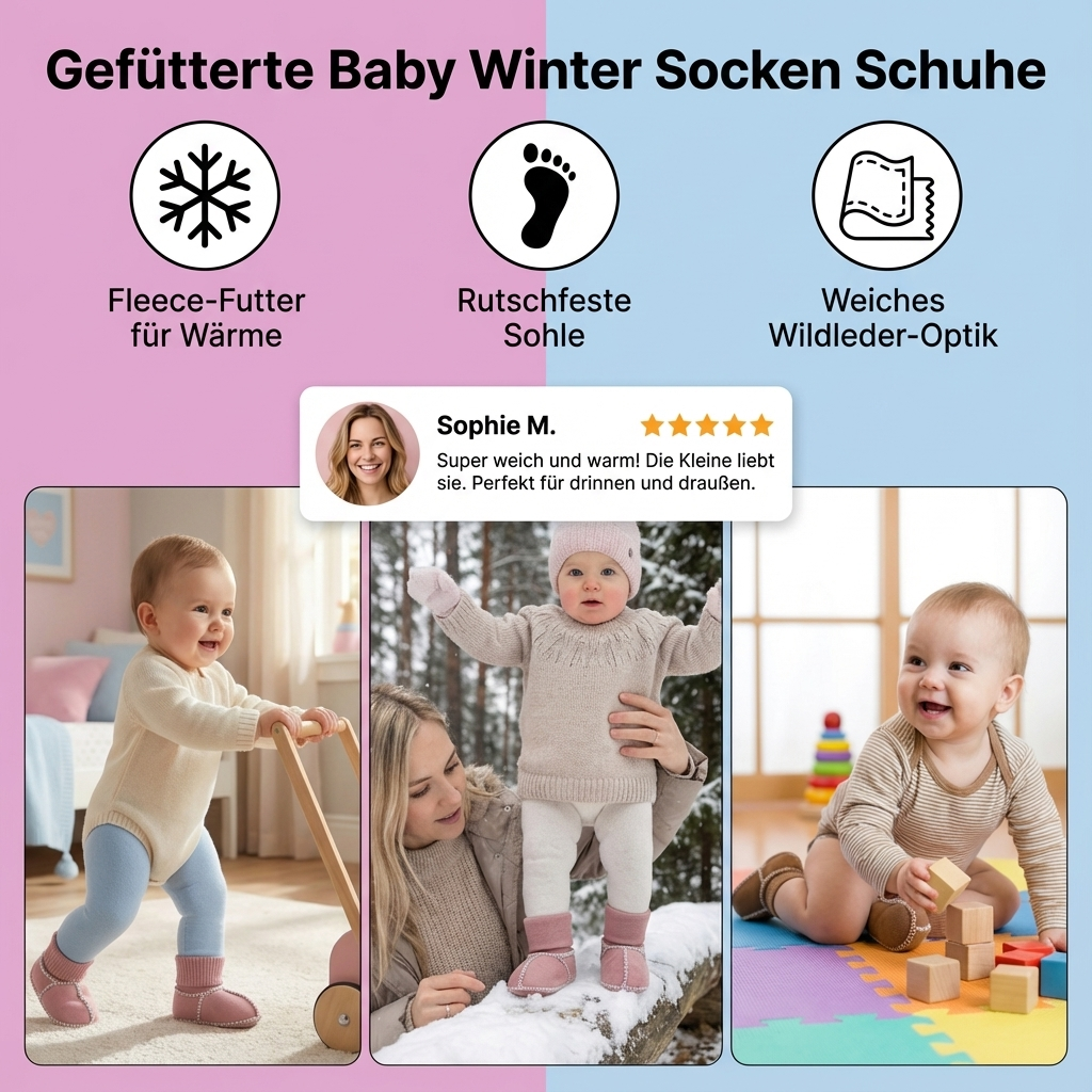 Warme Baby Winterschuhe mit Fütterung & rutschfester Sohle. Halten Babys Füße kuschelig warm und sicher.