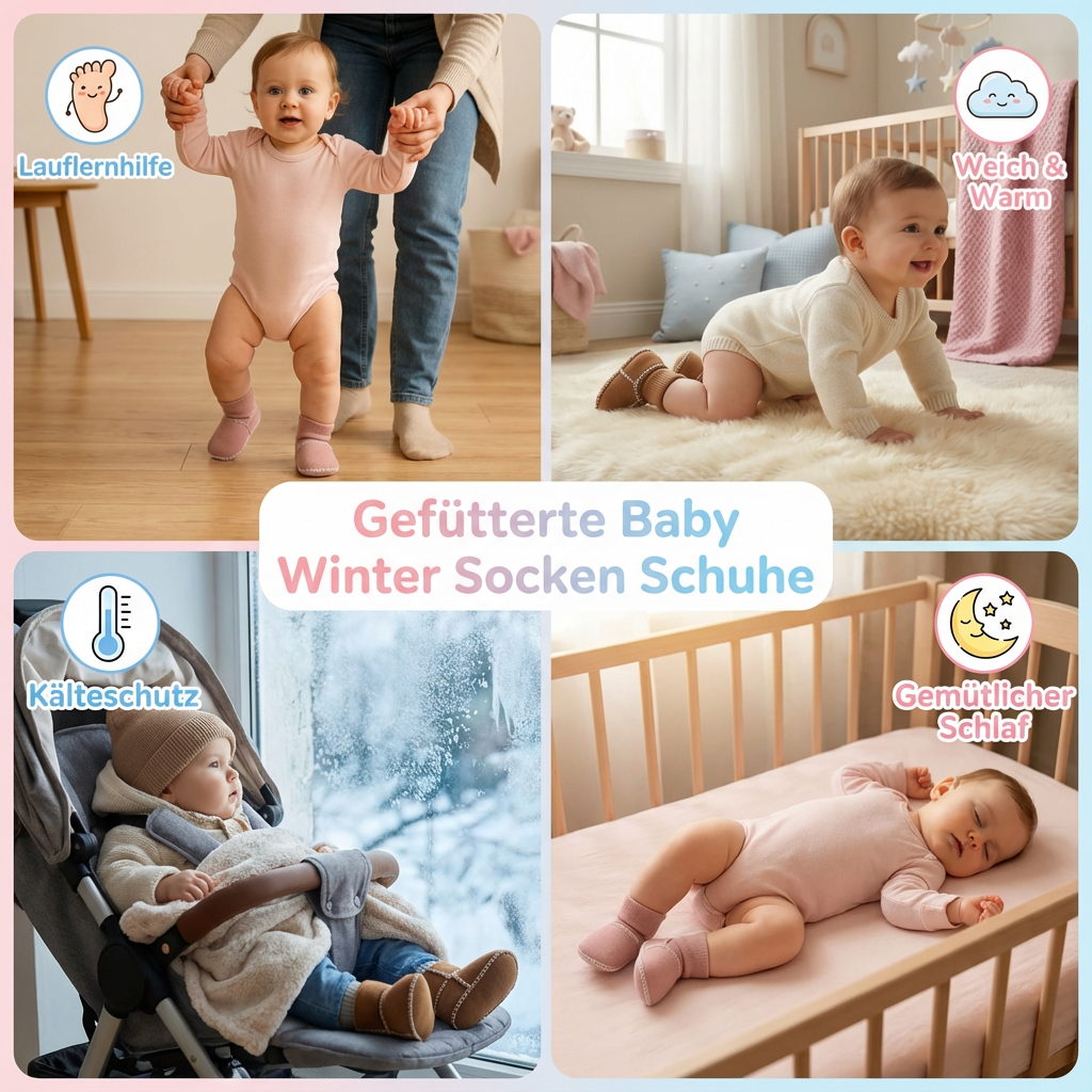 Perfektes Baby Geschenk: Gefütterte Wintersockenschuhe, warm & rutschfest, für bequeme Krabbel- & Lauflernschritte.