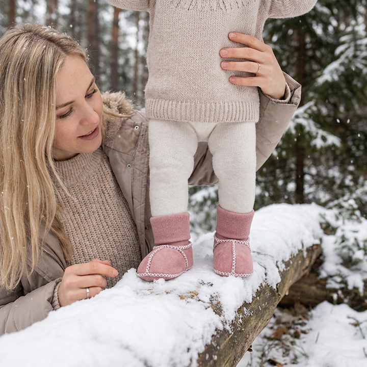 Komfortable Babysockenschuhe, gefüttert für den Winter. Rutschfeste Lauflernschuhe, die Füße warm halten.