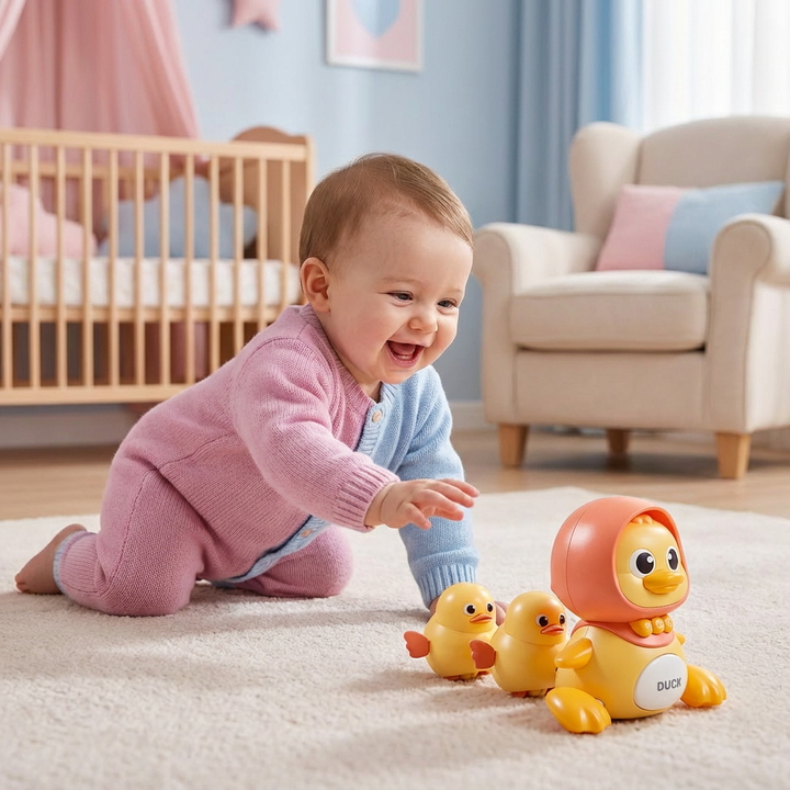 Gelbes watschelndes Entenspielzeug (Mama & Baby-Set) für Kinder. Elektrosspielzeug mit Musik.