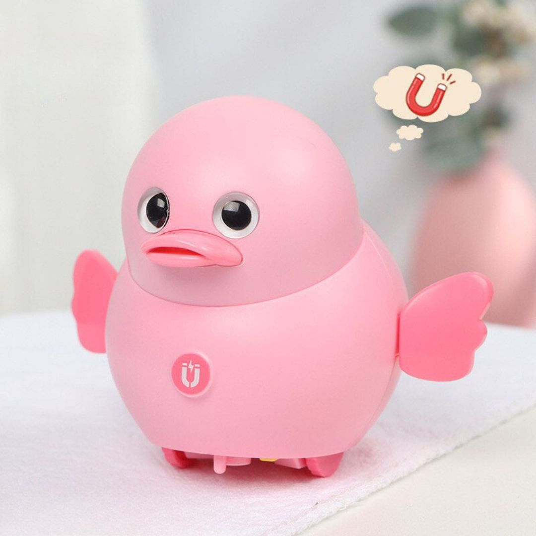 Zwei watschelnde Enten (Mama & Baby) als Elektrosspielzeug für Kinder, bunte Farben.