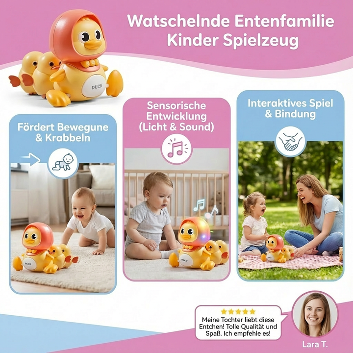 Rosa watschelndes Entenspielzeug-Set (Mama & Baby) für Kinder. Süßes Babyspielzeug mit Musik.