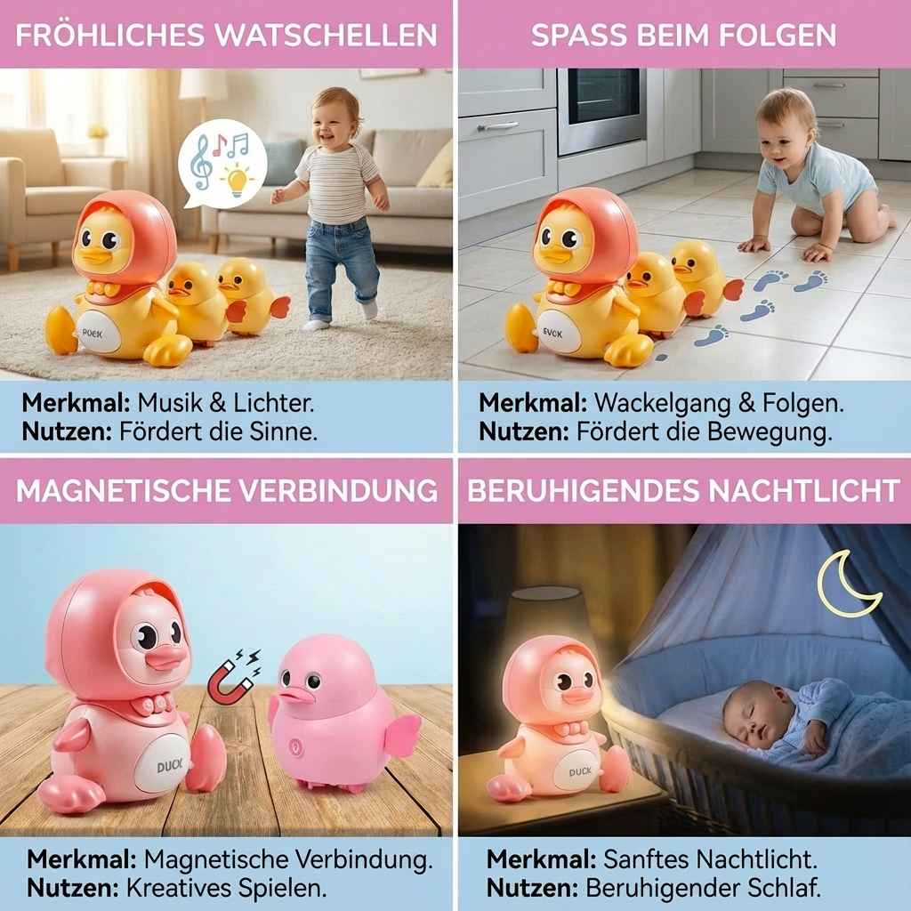 Gelbe watschelnde Elektrosspielzeug Ente für Kleinkinder, Mama & Baby Set. Ideales Geschenk.