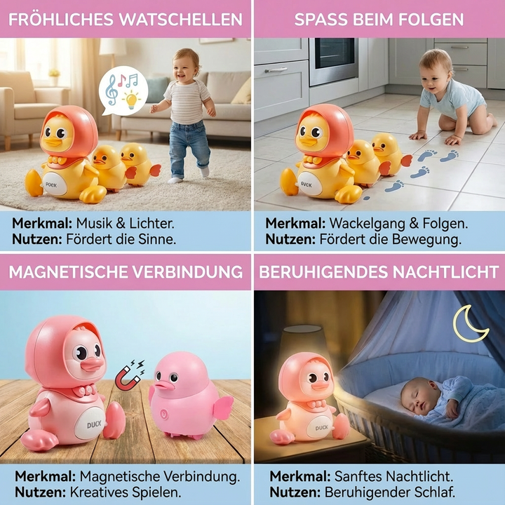 Gelbe watschelnde Elektrosspielzeug Ente für Kleinkinder, Mama & Baby Set. Ideales Geschenk.