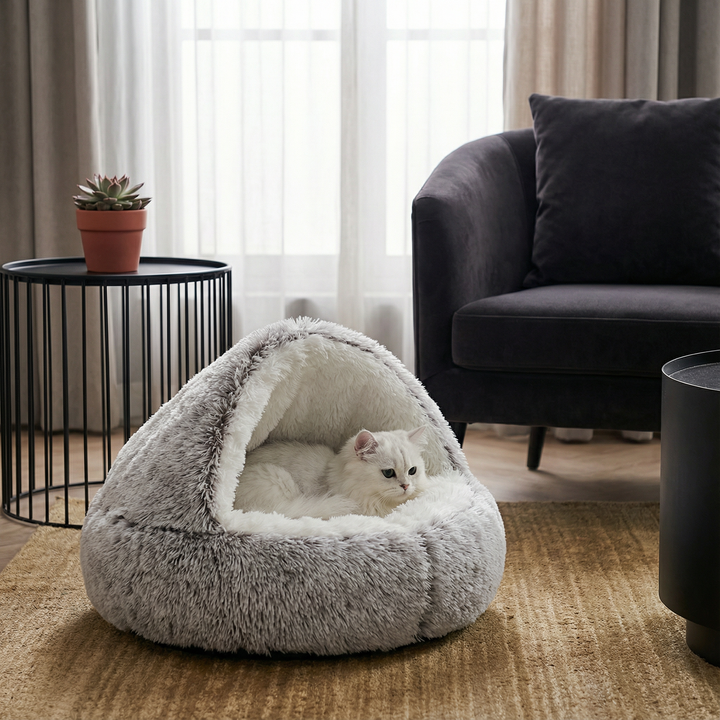 Gemütliche 2-in-1 Katzenkuschelhöhle aus Plüsch als Schlafplatz & Versteck für Katzen.