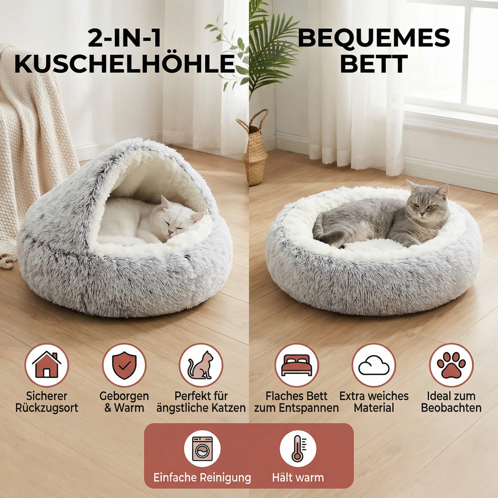 Weiches Plüsch-Katzenbett in Form einer Kuschelhöhle für den komfortablen Schlafplatz Ihrer Katze.