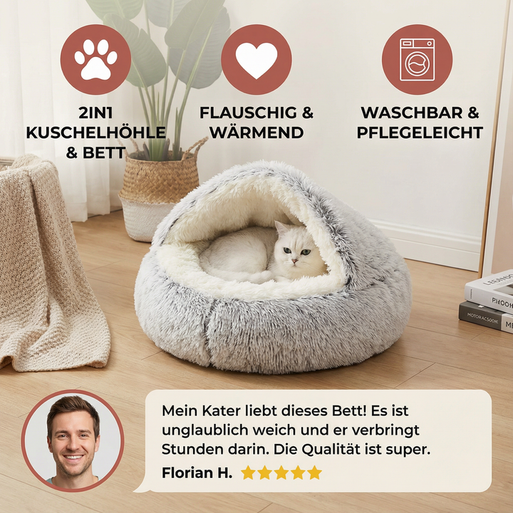 Sicheres Katzenversteck & gemütliches Katzenbett: 2-in-1 Plüsch-Kuschelhöhle für entspannte Katzen.