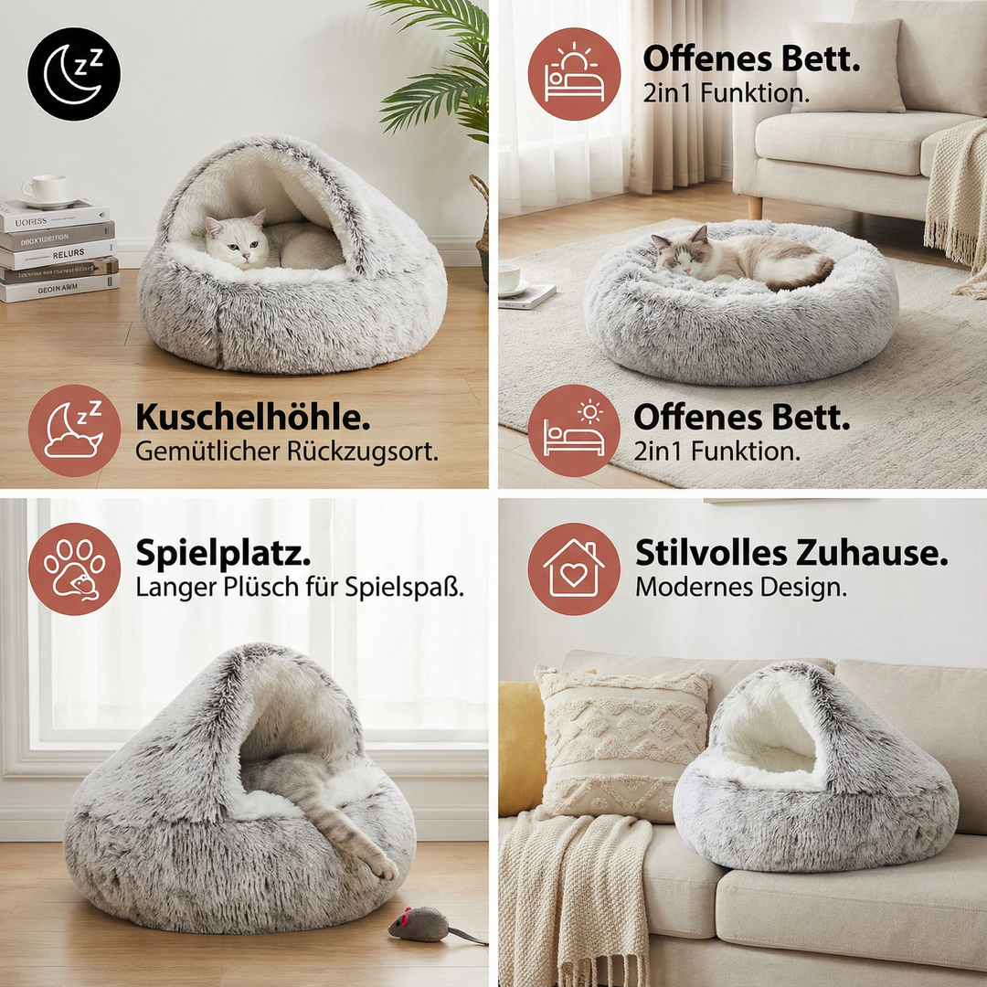 Wandelbare 2-in-1 Katzenkuschelhöhle: Als offenes Bett oder geschütztes Versteck für Ihr Haustier nutzbar.