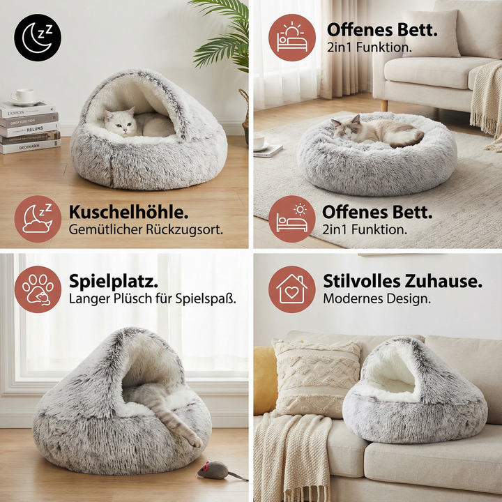 Wandelbare 2-in-1 Katzenkuschelhöhle: Als offenes Bett oder geschütztes Versteck für Ihr Haustier nutzbar.