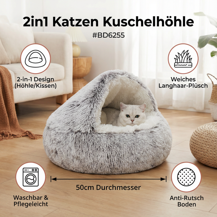 Elegante Plüsch-Katzenkuschelhöhle, ideal als gemütlicher Rückzugsort und Schlafplatz für kleine Katzen.