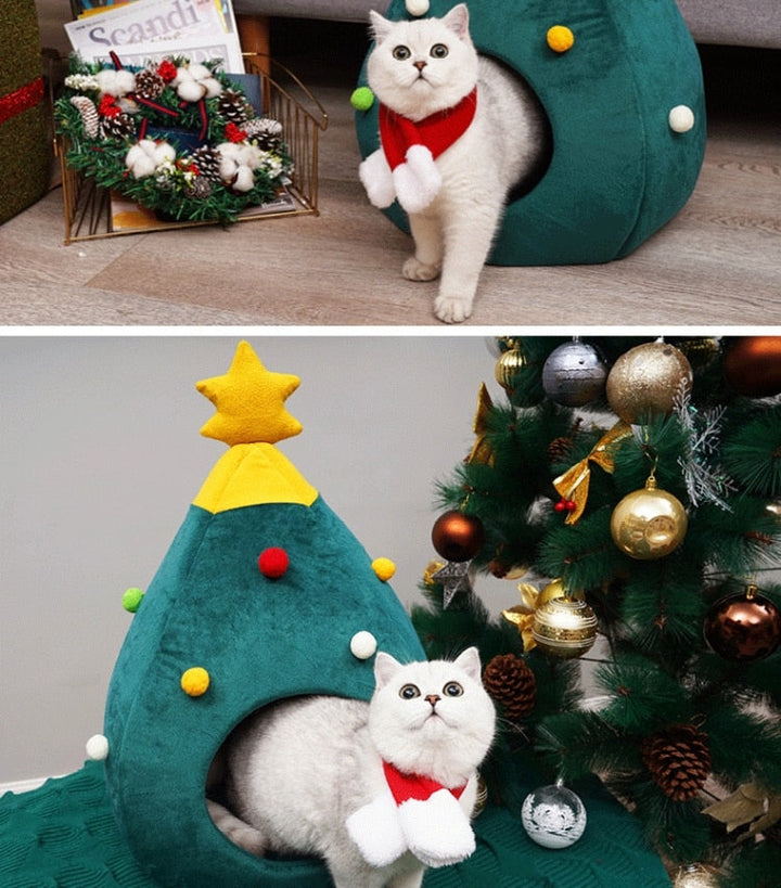 Tannenbaum Katzenbett: Luxuriöses, warmes Katzenbett für Weihnachten; ein stilvolles Haustierzubehör.