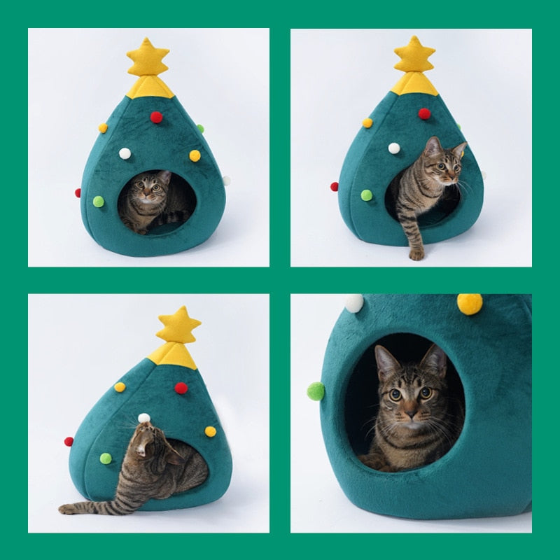 Geschenk Katze Weihnachten: Niedliches Katzenbett in Baumform; eine festliche Oase der Gemütlichkeit.